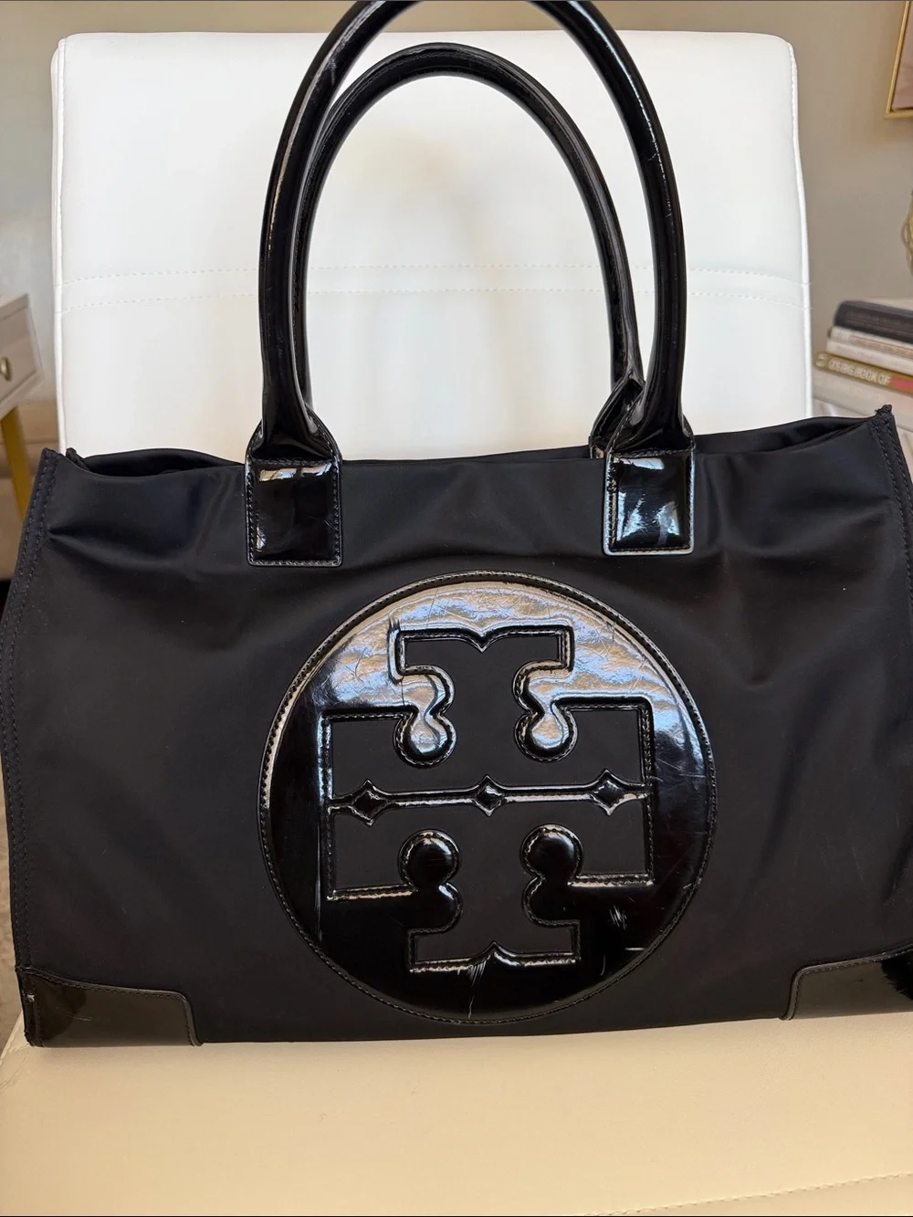 Tory Burch Black Nylon Tote with Patent Trim